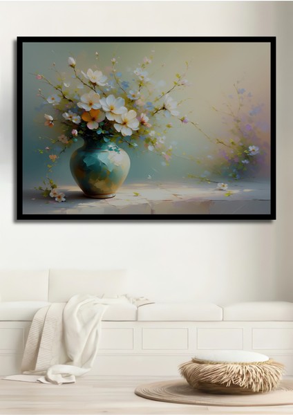 Çerçeve Görünümlü Vazoda Çiçekler Yağlı Boya Görünümlü Sanat Işyeri/ofis Dekoratif Ahşap Kare Tablo