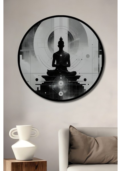 Çerçeve Görünümlü Zen Budası Geometrik Desenli Siyah Beyaz Dekoratif Ahşap Ofis Yuvarlak Tablo