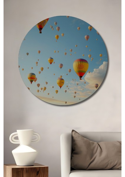 Gökyüzünde Balonlar Yağlı Boya Görünümlü Dekoratif Ahşap Ev/işyeri/ofis Yuvarlak Tablo