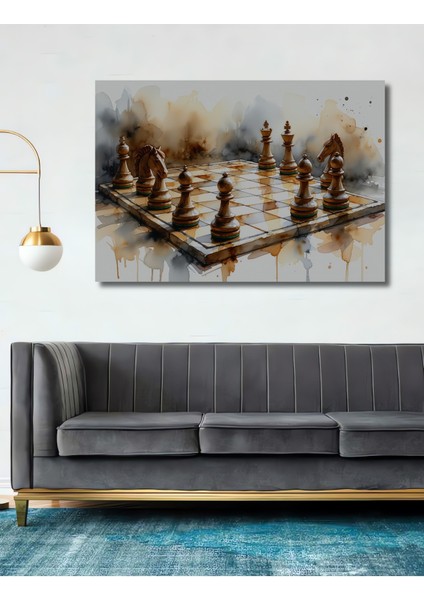 Sulu Boya Görünümlü Satranç Tahtası ve Taşları Sanat Ev/işyeri/ofis Dekoratif Ahşap Kare Tablo
