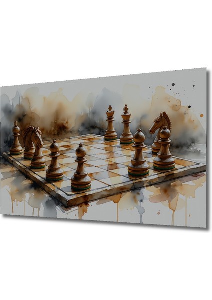 Sulu Boya Görünümlü Satranç Tahtası ve Taşları Sanat Ev/işyeri/ofis Dekoratif Ahşap Kare Tablo fiyatları