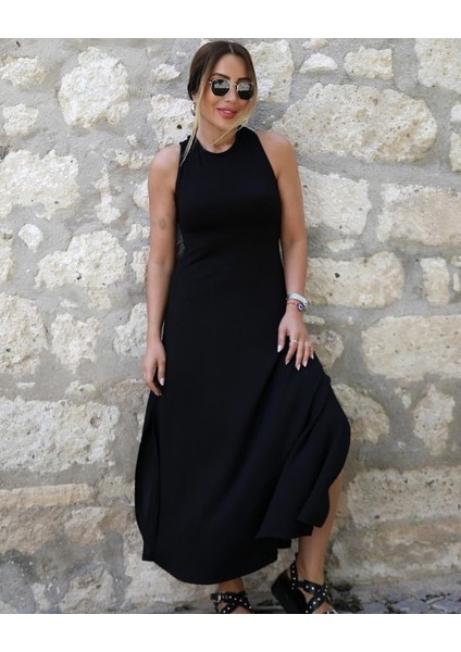 Kadın Arkadan Çapraz Detay Yuvarlak Yaka Maksi Viskon Elbise modelleri