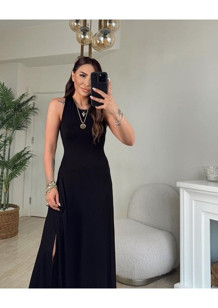 Kadın Arkadan Çapraz Detay Yuvarlak Yaka Maksi Viskon Elbise