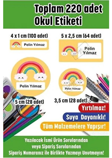 Gökkuşağı Okul Etiketi 220 Adet Kişiselleştirilmiş Renkli Etiketler Çocuklar İçin fiyatları