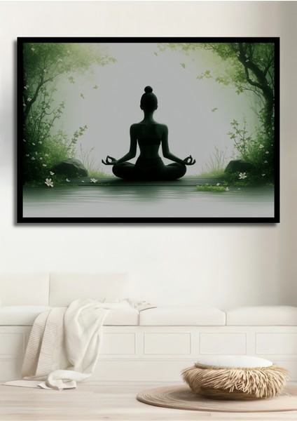Çerçeve Görünümlü Huzurlu Yoga Duruşu Yağlı Boya Görünümlü Dekoratif Ahşap Işyeri/ofis Kare Tablo