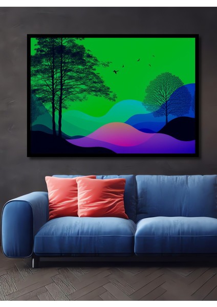 Çerçeve Görünümlü Neon Renklerde Ağaçlar ve Kuşlar Manzarası Dekoratif Ahşap Işyeri/ofis Kare Tablo
