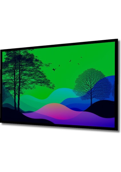 Çerçeve Görünümlü Neon Renklerde Ağaçlar ve Kuşlar Manzarası Dekoratif Ahşap Işyeri/ofis Kare Tablo fiyatları