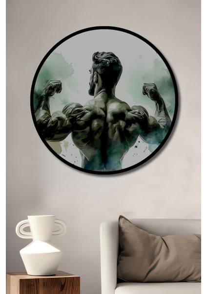 Çerçeve Görünümlü Kaslı Adam Sulu Boya Görünümlü Modern Sanat Ofis Dekoratif Ahşap Yuvarlak Tablo