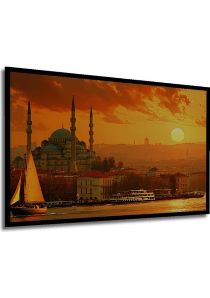 Çerçeve Görünümlü Gün Batımında Istanbul Minyatür Sanatı Yağlı Boya Görünümlü Ahşap Ofis Tablo modelleri