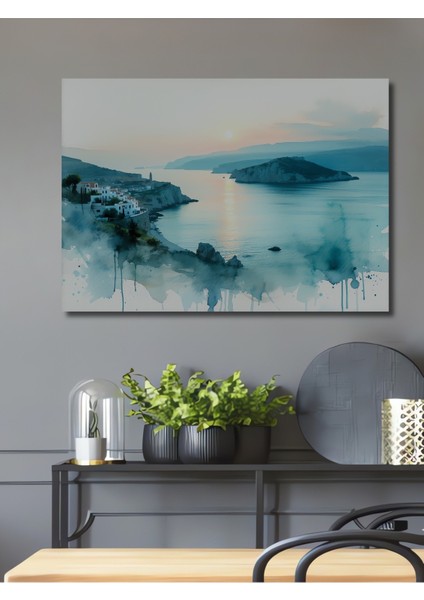 Turkuaz Deniz Kasabası Sulu Boya Görünümlü Dekoratif Ahşap Ev/işyeri/ofis Kare Tablo
