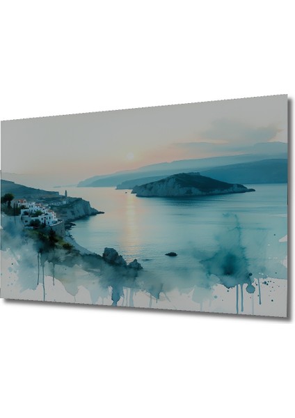 Turkuaz Deniz Kasabası Sulu Boya Görünümlü Dekoratif Ahşap Ev/işyeri/ofis Kare Tablo fiyatları