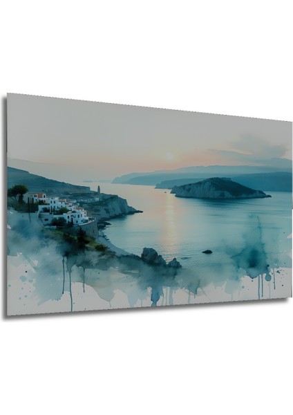 Turkuaz Deniz Kasabası Sulu Boya Görünümlü Dekoratif Ahşap Ev/işyeri/ofis Kare Tablo modelleri