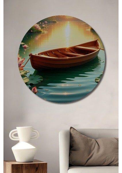 Huzurlu Nilüferler ve Dekoratif Ahşap Kayık Sulu Boya Görünümlü Ev/işyeri/ofis Yuvarlak Tablo