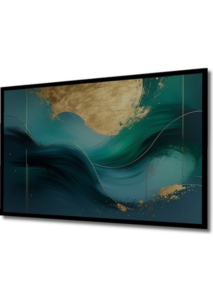 Çerçeve Görünümlü Altın Dokunuşlu Modern Dalgalar Yağlı Boya Görünümlü Ahşap Ofis Kare Tablo fiyatları