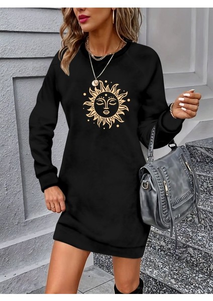 Kadın Uzun Kollu Bisiklet Yaka Güneş Desenli Viskon Iki Iplik Elbise