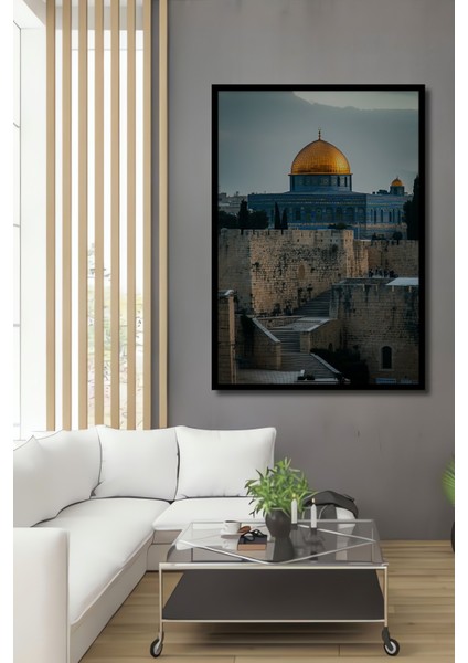 Çerçeve Görünümlü Kudüs Kubbet Üs Sahra Altın Işıltısı Yağlı Boya Görünümlü Ahşap Ofis Kare Tablo