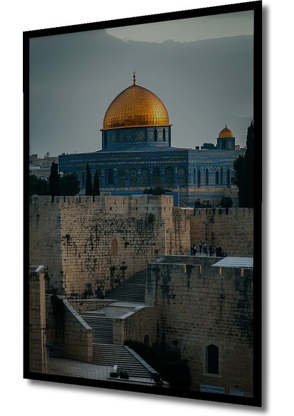 Çerçeve Görünümlü Kudüs Kubbet Üs Sahra Altın Işıltısı Yağlı Boya Görünümlü Ahşap Ofis Kare Tablo fiyatları