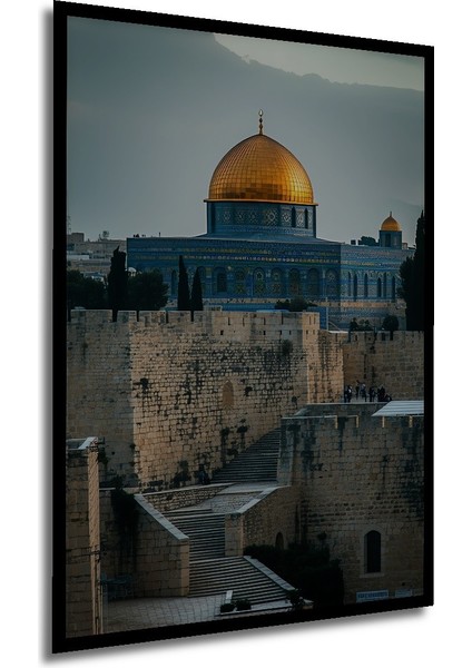 Çerçeve Görünümlü Kudüs Kubbet Üs Sahra Altın Işıltısı Yağlı Boya Görünümlü Ahşap Ofis Kare Tablo modelleri