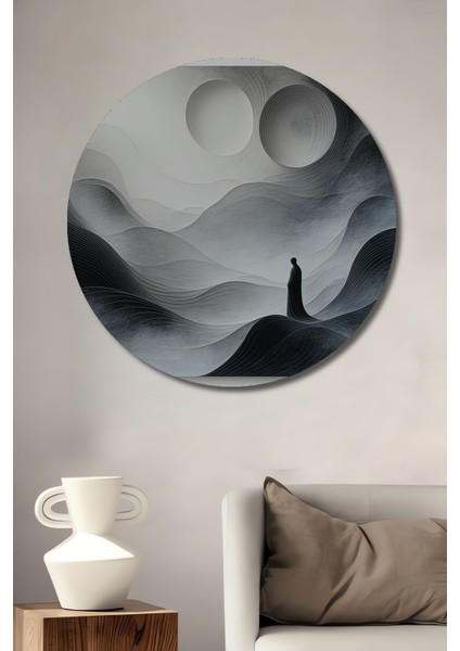 Minimalist Dağlar ve Silüet Siyah Beyaz Dekoratif Ahşap Ev/işyeri/ofis Yuvarlak Tablo