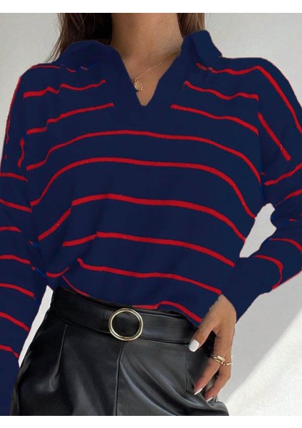 Kadın Uzun Kollu V Yaka Çizgili Triko Bluz fiyatları