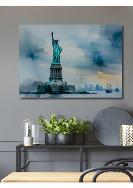 Özgürlük Heykeli Sulu Boya Görünümlü Dekoratif Ahşap Ev/işyeri/ofis Kare Tablo New York Hatırası