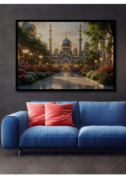 Çerçeve Görünümlü Altın Minareli Cami Yağlı Boya Görünümlü Dekoratif Ahşap Işyeri/ofis Kare Tablo