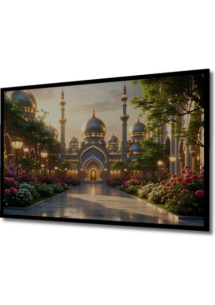 Çerçeve Görünümlü Altın Minareli Cami Yağlı Boya Görünümlü Dekoratif Ahşap Işyeri/ofis Kare Tablo fiyatları