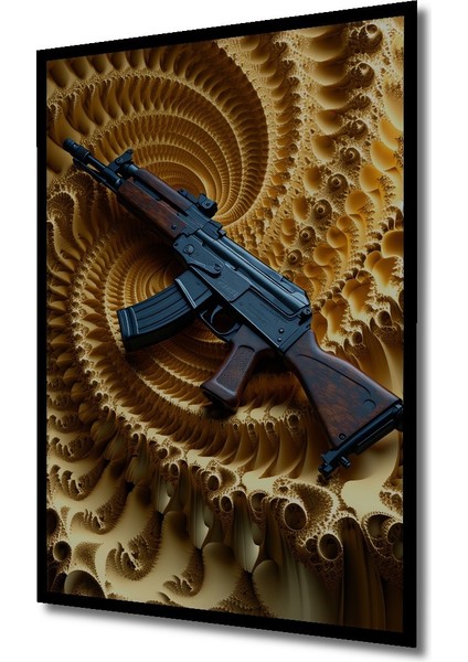 Çerçeve Görünümlü Altın Spiral Üzerinde AK47 Yağlı Boya Görünümlü Dekoratif Ahşap Ofis Kare Tablo fiyatları