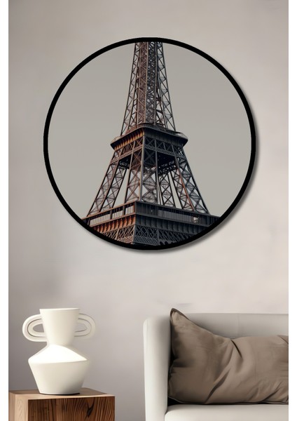 Çerçeve Görünümlü Eyfel Kulesi Minimalist Yağlı Boya Görünümlü Dekoratif Ahşap Ofis Yuvarlak Tablo