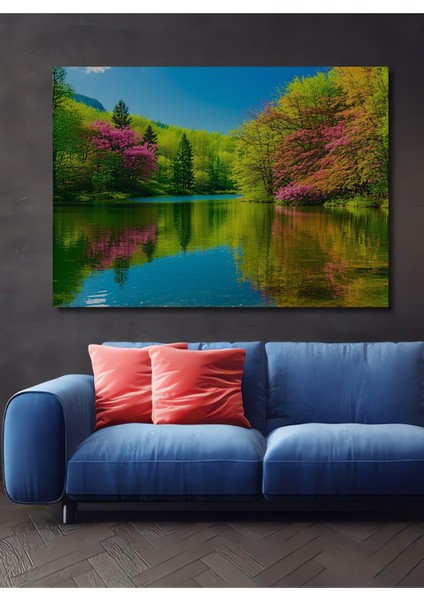 Gölet Kenarında Bahar Rüyası Yağlı Boya Görünümlü Dekoratif Ahşap Ev/işyeri/ofis Kare Tablo