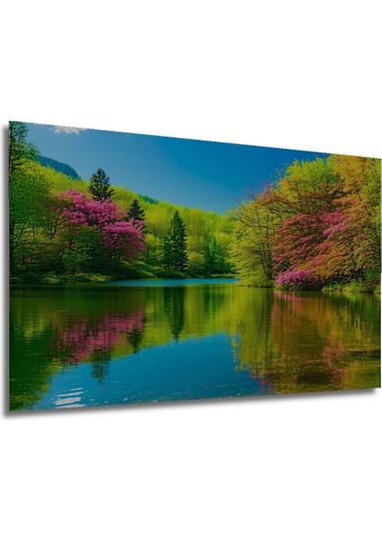 Gölet Kenarında Bahar Rüyası Yağlı Boya Görünümlü Dekoratif Ahşap Ev/işyeri/ofis Kare Tablo modelleri