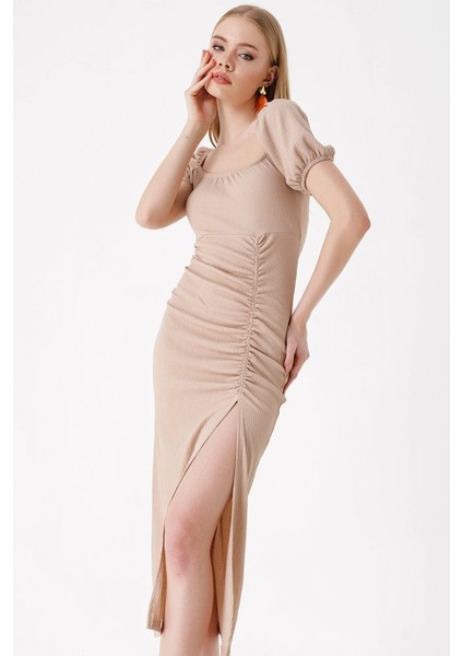 2396 Yırtmaçlı Yazlık Örme Elbise - Bisküvi