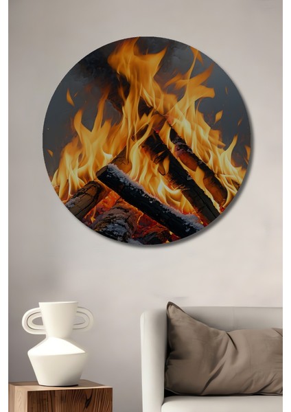 Karda Yanan Odun Ateşi Yağlı Boya Görünümlü Dekoratif Ahşap Ev/işyeri/ofis Yuvarlak Tablo