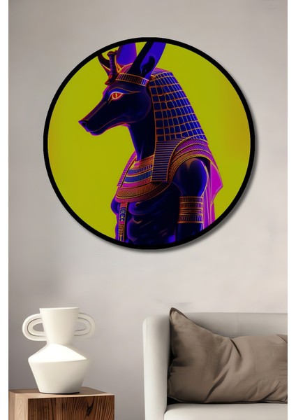 Çerçeve Görünümlü Anubis Tanrısı Neon Işığında Yağlı Boya Görünümlü Ofis Ahşap Yuvarlak Tablo
