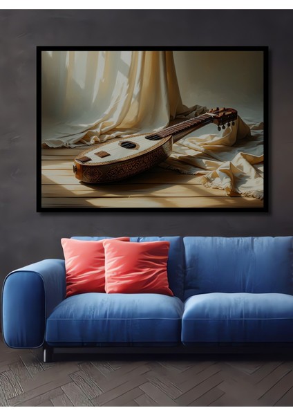 Çerçeve Görünümlü Krem Kumaşlar Arasında Yağlı Boya Görünümlü Mandolin Sanatı Salon Mdf Tablo
