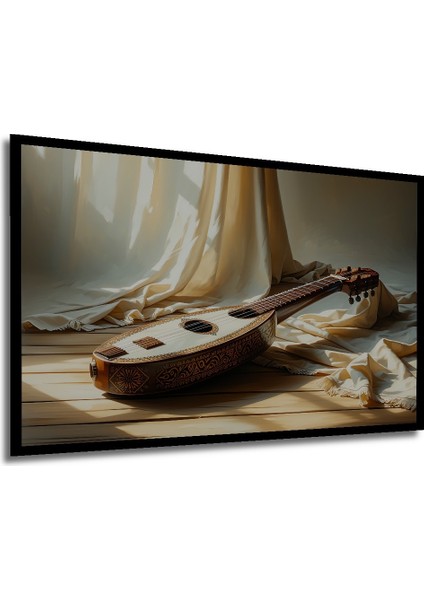 Çerçeve Görünümlü Krem Kumaşlar Arasında Yağlı Boya Görünümlü Mandolin Sanatı Salon Mdf Tablo modelleri