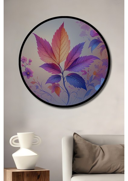 Çerçeve Görünümlü Mor Yapraklar ve Çiçekler Sulu Boya Görünümlü Dekoratif Ahşap Ofis Yuvarlak Tablo