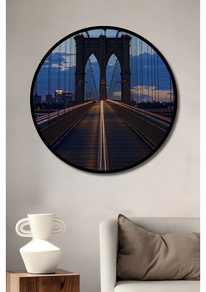 Çerçeve Görünümlü Brooklyn Köprüsü Gece Işıkları Yağlı Boya Görünümlü Ahşap Ofis Yuvarlak Tablo