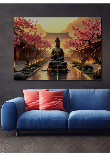 Sakura Çiçekleri ve Buda Meditasyon Yağlı Boya Görünümlü Dekoratif Ahşap Ev/işyeri/ofis Kare Tablo