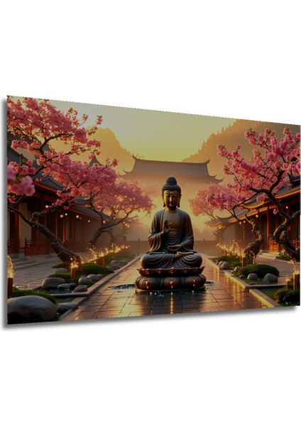 Sakura Çiçekleri ve Buda Meditasyon Yağlı Boya Görünümlü Dekoratif Ahşap Ev/işyeri/ofis Kare Tablo modelleri