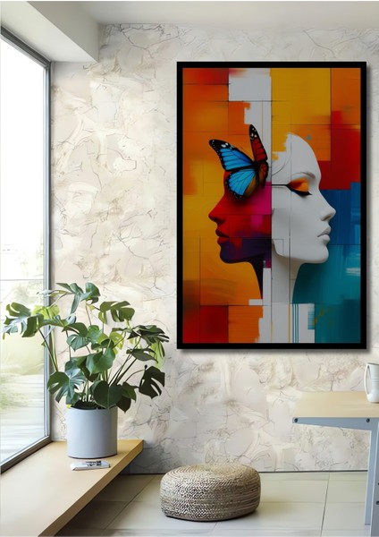 Çerçeve Görünümlü Kelebekli Kadın Yağlı Boya Görünümlü Modern Sanat Dekoratif Ahşap Ofis Kare Tablo