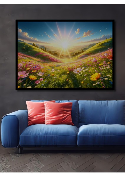 Çerçeve Görünümlü Rüya Gibi Çiçek Bahçesi Manzarası Yağlı Boya Görünümlü Ahşap Ofis Kare Tablo