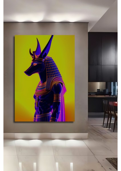 Anubis Tanrısı Neon Işığında Yağlı Boya Görünümlü Ev/işyeri/ofis Dekoratif Ahşap Kare Tablo