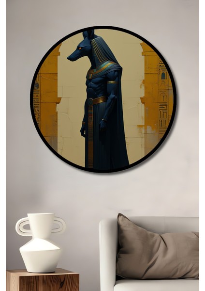 Çerçeve Görünümlü Anubis Mısır Tanrısı Yağlı Boya Görünümlü Dekoratif Ahşap Ofis Yuvarlak Tablo
