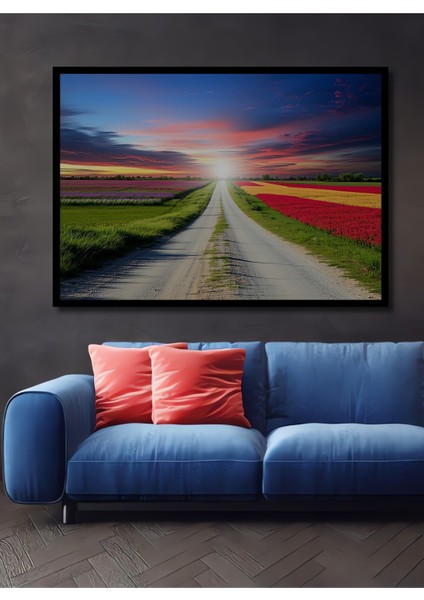 Çerçeve Görünümlü Sonsuzluğa Uzanan Çiçek Tarlası Yolu Yağlı Boya Görünümlü Ahşap Ofis Kare Tablo