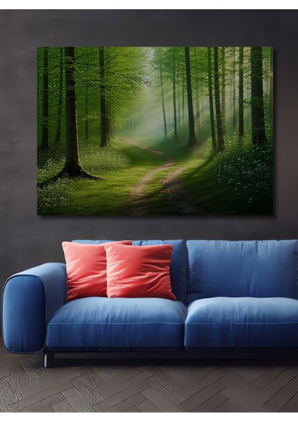 Yeşil Orman Yolu Yağlı Boya Görünümlü Dekoratif Ahşap Ev/işyeri/ofis Kare Tablo