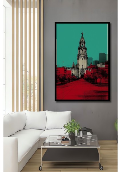 Çerçeve Görünümlü Turkuaz Gökyüzü Kızıl Şehir Manzarası Dekoratif Ahşap Ev/işyeri/ofis Kare Tablo