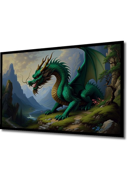 Çerçeve Görünümlü Yeşil Ejderha Dağ Manzarası Yağlı Boya Görünümlü Dekoratif Ahşap Ofis Kare Tablo fiyatları