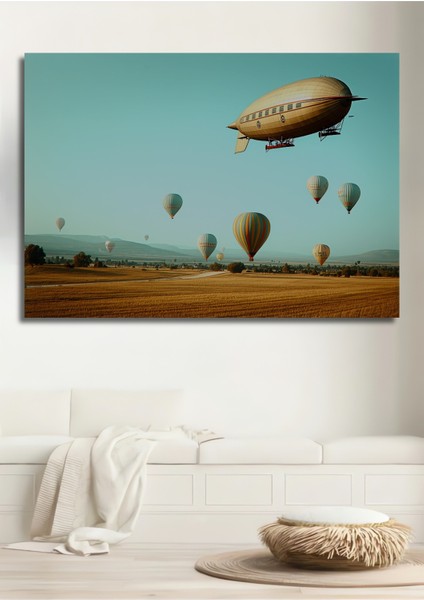 Zeplin ve Balonlar Yağlı Boya Görünümlü Modern Sanat Ev/işyeri/ofis Dekoratif Ahşap Kare Tablo