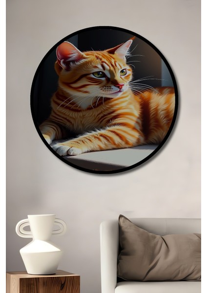 Çerçeve Görünümlü Turuncu Kedi Yağlı Boya Görünümlü Dekoratif Ahşap Ev/işyeri/ofis Yuvarlak Tablo
